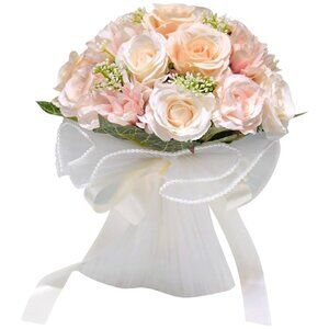 Faux Silk Flowers Roses and Baby's Breath Pearls Satin Wedding Bouquet 8" T x 7"